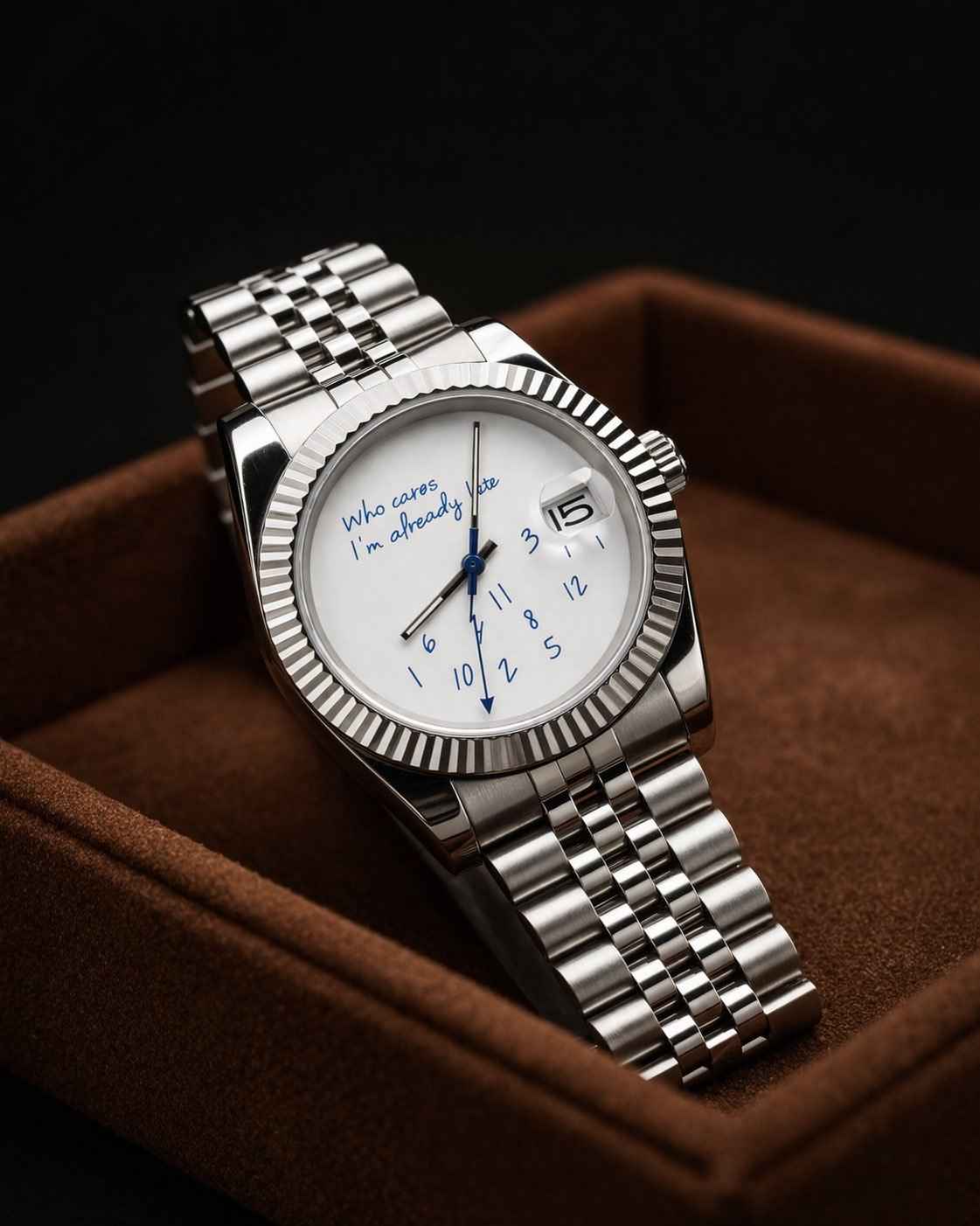 Seiko mod datejust 'who cares I'm already late' white watch