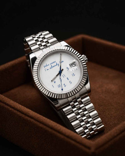 Seiko mod datejust 'who cares I'm already late' white watch
