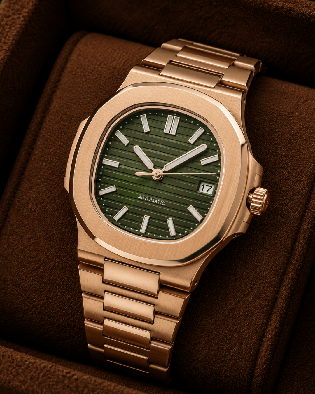 Seiko mod Nautilus Watch rose gold olive green automatic - Blank Mods - Blank Mods